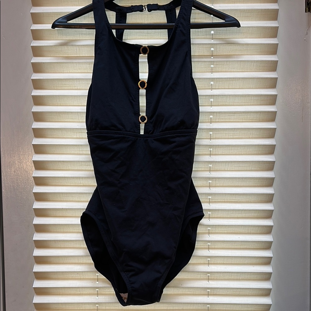 Anne Klein Black and Gold One-Piece Swimsuit with Keyhole Detail